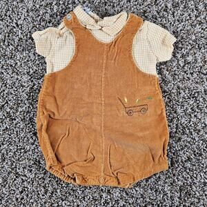 Vtg 1960s Toddle Time Baby Sz 3-6M Corduroy Romper Embroidered Brown Yellow